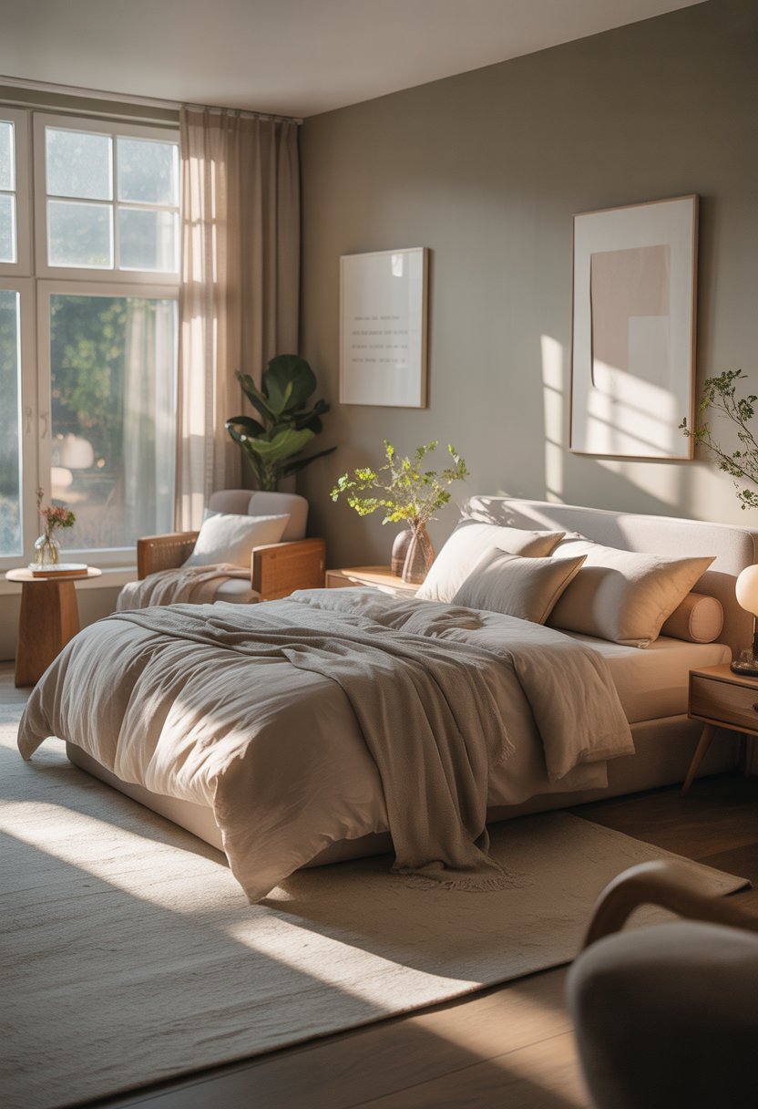 A cozy bedroom with a neatly made bed, a window with curtains letting in sunlight, a nightstand with a plant and lamp, an armchair, and decorative items.