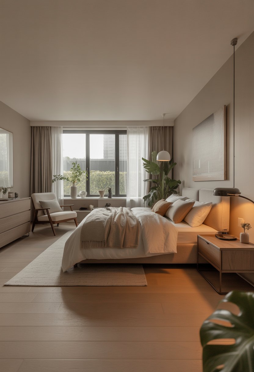 A bright bedroom with a large bed, nightstand, armchair, plants, and natural light coming through windows.