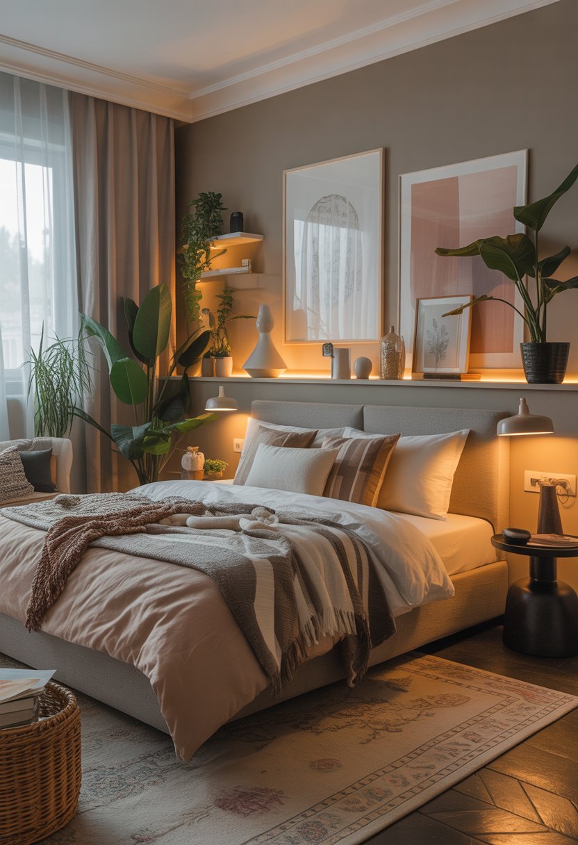 A cozy bedroom with a bed, pillows, bedside tables with lamps, wall art, plants, and natural light coming through sheer curtains.