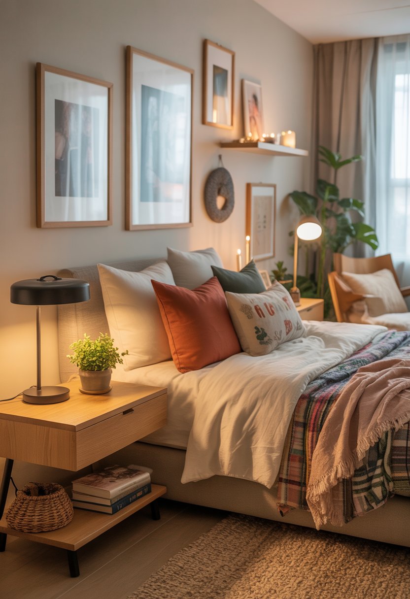 A cozy bedroom with a made bed, colorful pillows, framed pictures on the wall, a nightstand with a plant and lamp, and a reading nook by a window.