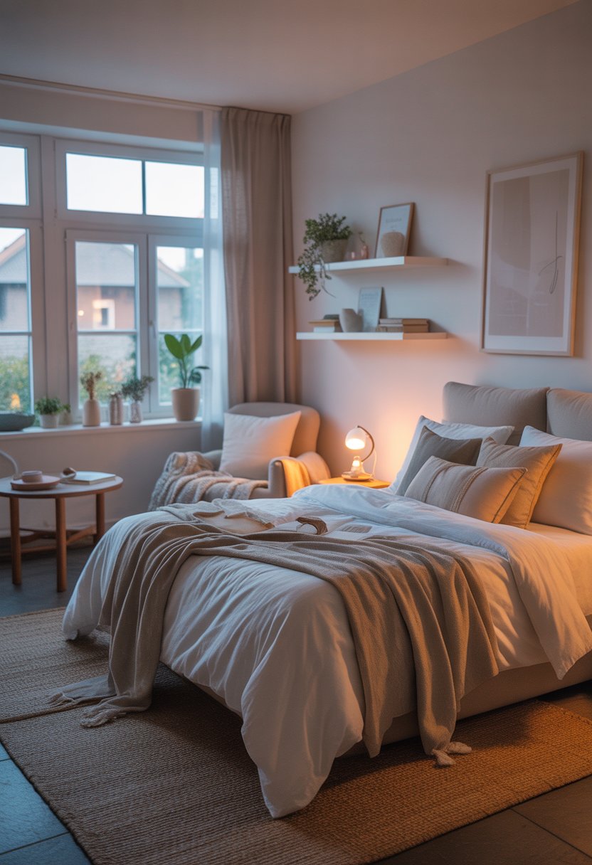 A bright, cozy bedroom with a neatly made bed, bedside table with lamp, armchair by the window, and natural light filling the room.