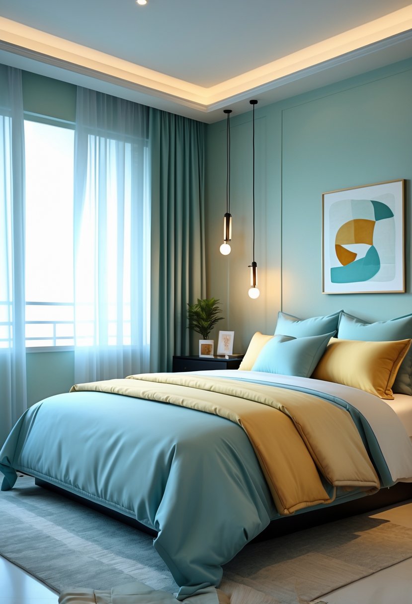 A modern bedroom with a large bed, soft colored walls, natural light, and decorative items on a bedside table.