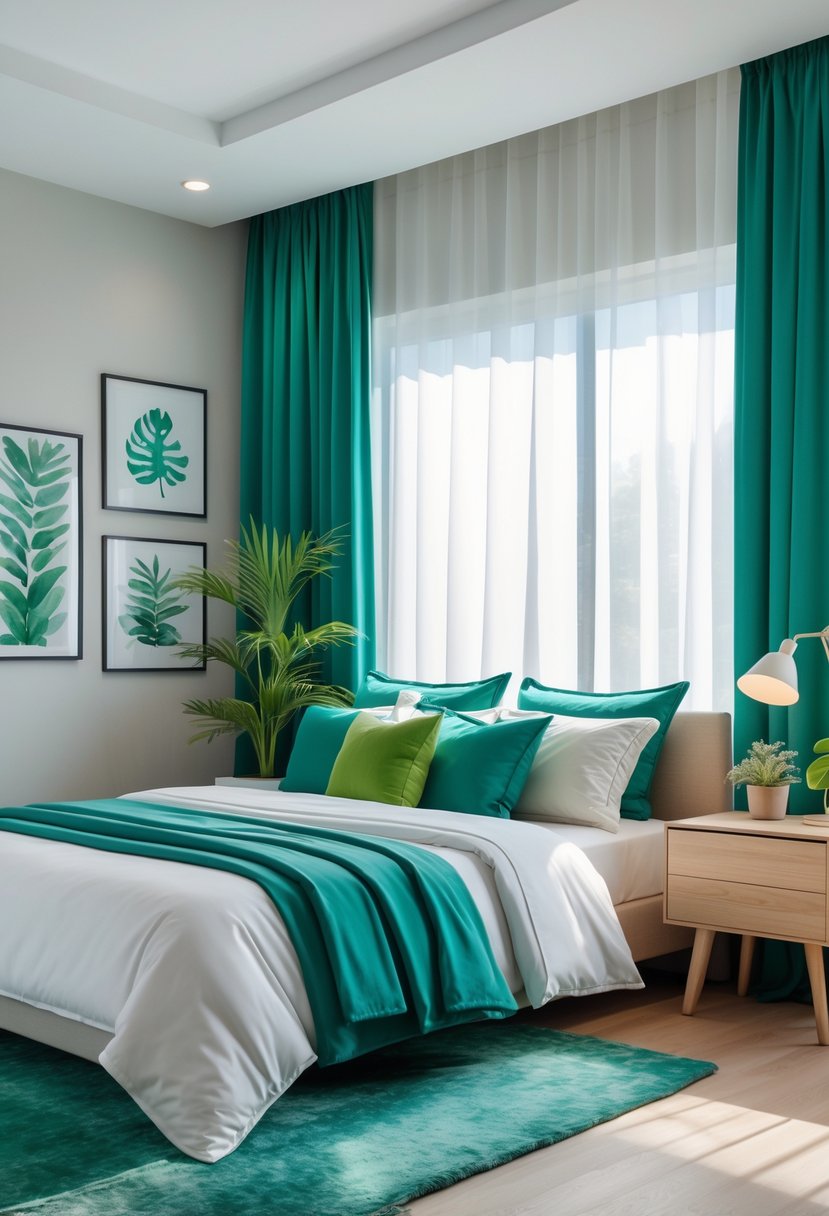 A bedroom with a queen-sized bed, teal and green accents, wooden furniture, plants, and natural light coming through sheer curtains.