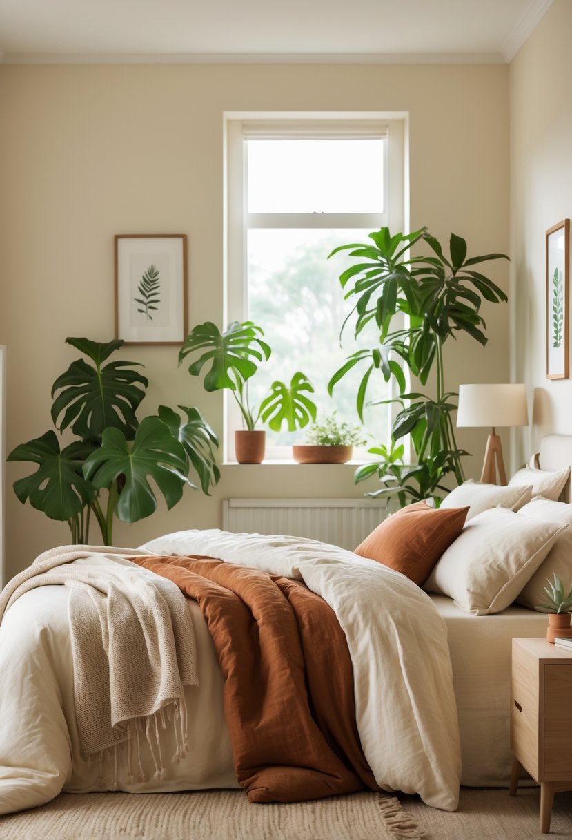 A bedroom with cream walls, rust-colored pillows, green plants, and natural light creating a calm atmosphere.