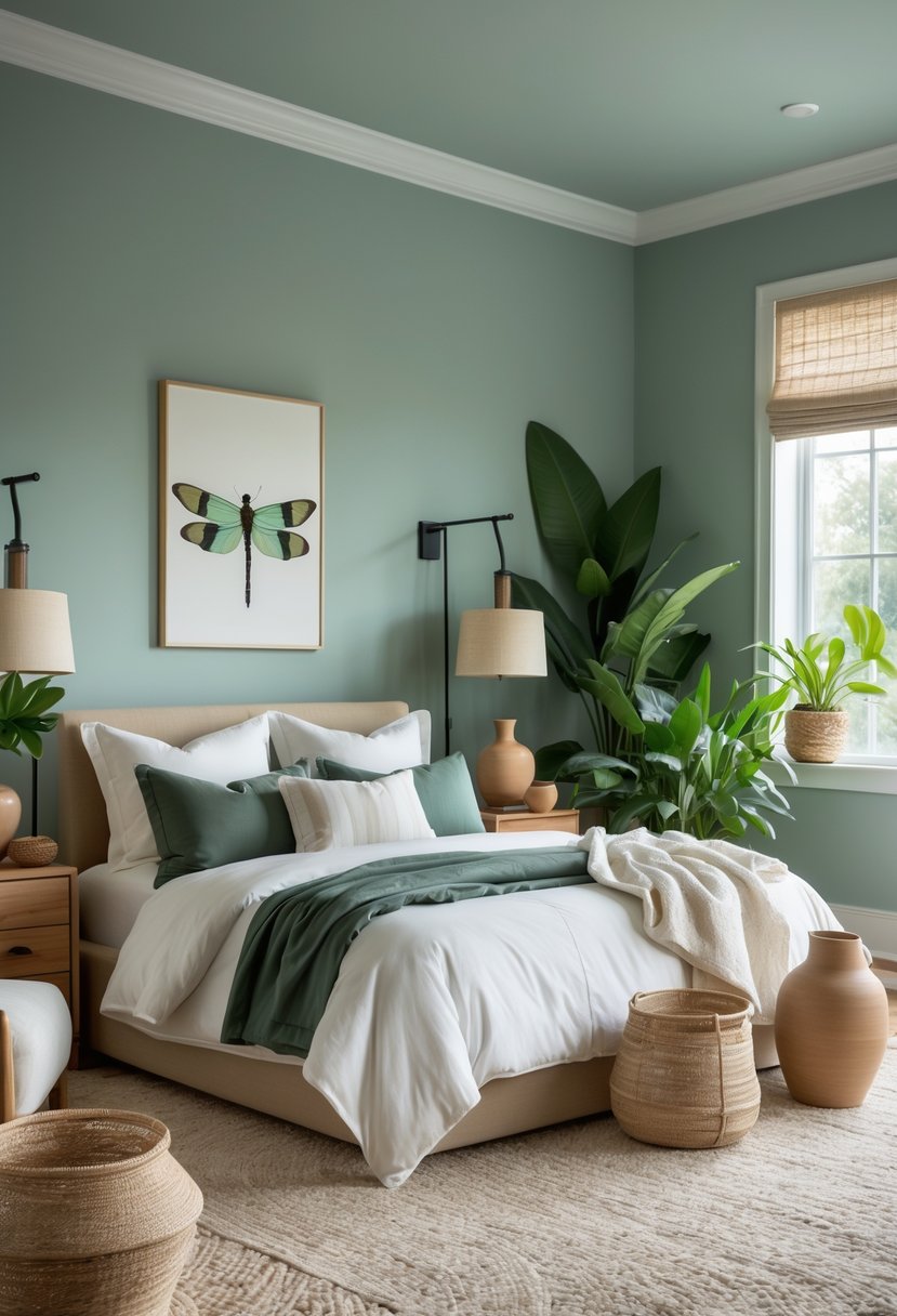 A bedroom with teal-green walls, a bed with white linens, natural wood furniture, indoor plants, and soft natural light.