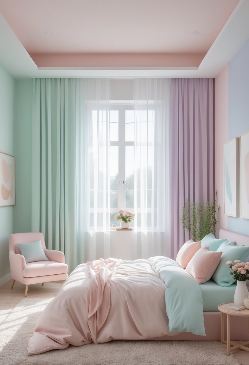 A bright and peaceful bedroom with a large bed, pastel-colored walls, soft pillows, sheer curtains, and a cozy reading nook with a chair and flowers.