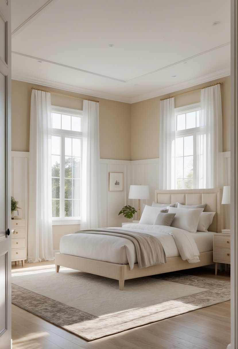 A spacious bedroom with beige walls, white curtains, and light gray accents, featuring a neatly made bed and natural light coming through large windows.