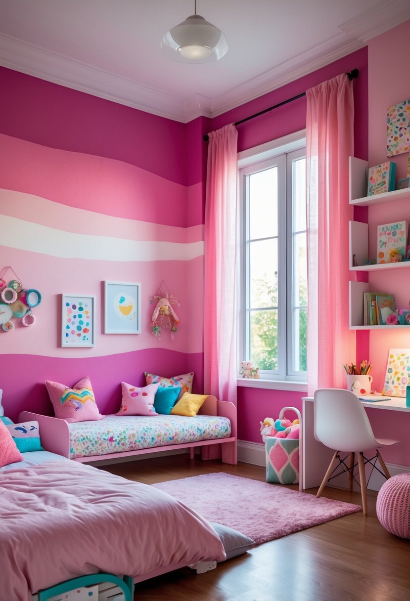 A children's bedroom with pink gradient walls, a bed with colorful bedding, a bookshelf, a study desk, and natural light coming through large windows.