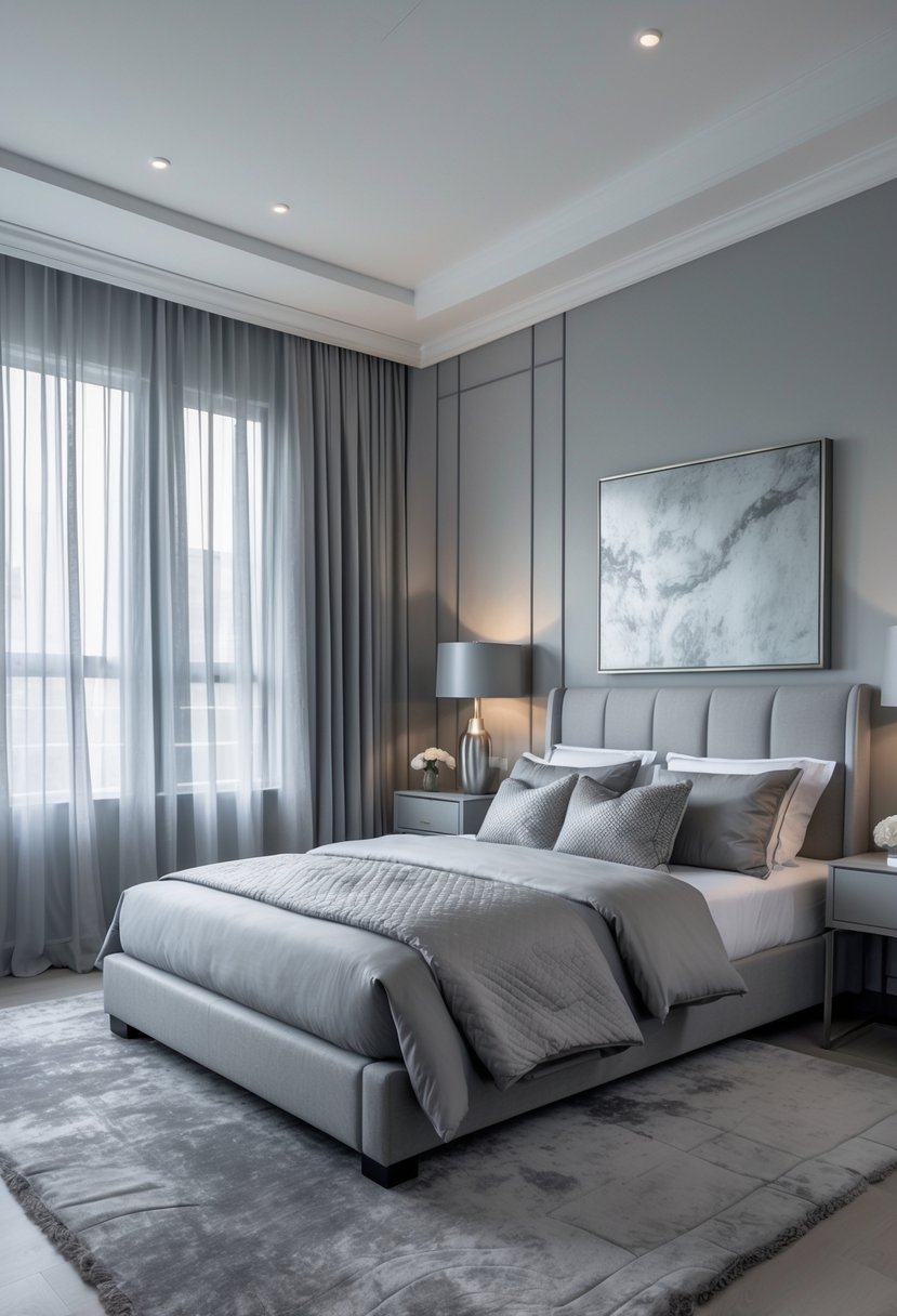 A bedroom with a bed, gray walls, sheer curtains, bedside tables, and soft lighting creating a calm atmosphere.