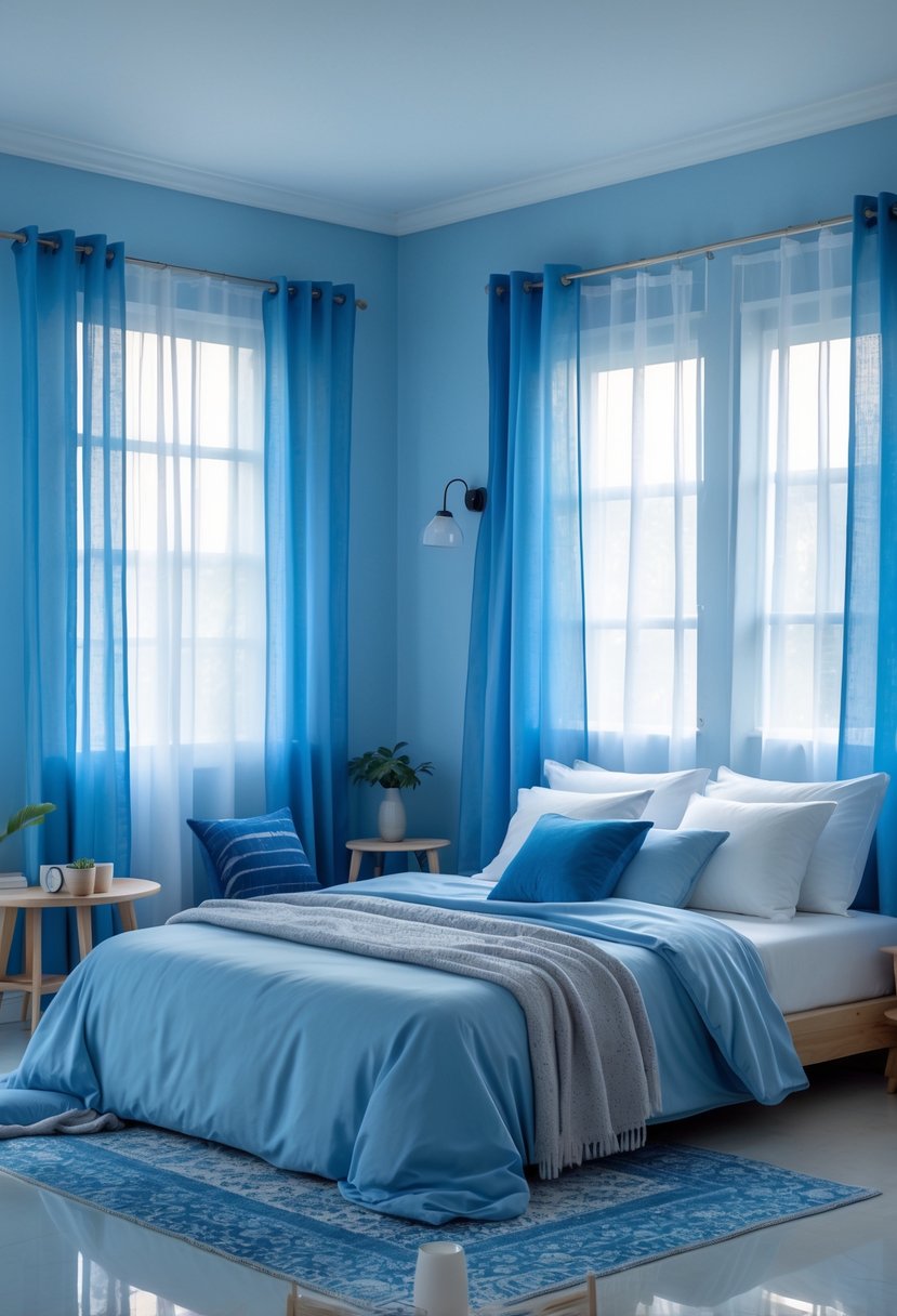A peaceful bedroom with blue walls, a bed with blue pillows and blankets, wooden furniture, and soft natural light coming through blue curtains.
