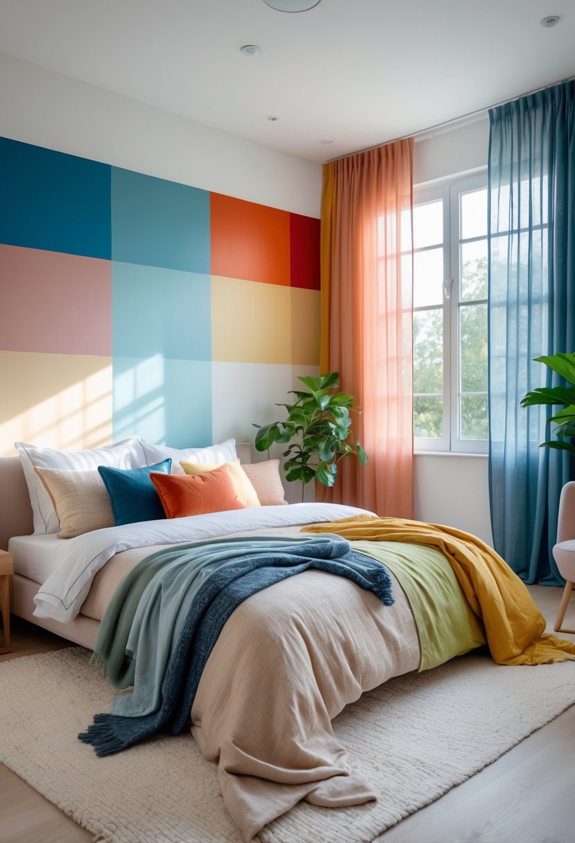 A modern bedroom with a variety of wall and decor colors, including bedding and curtains, illuminated by natural light from large windows.