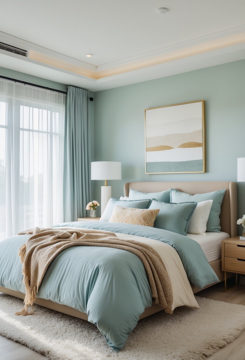 A well-lit bedroom with a neatly made bed, soft blue and neutral bedding, wooden nightstand with lamp and flowers, large windows with sheer curtains, and calming wall colors.