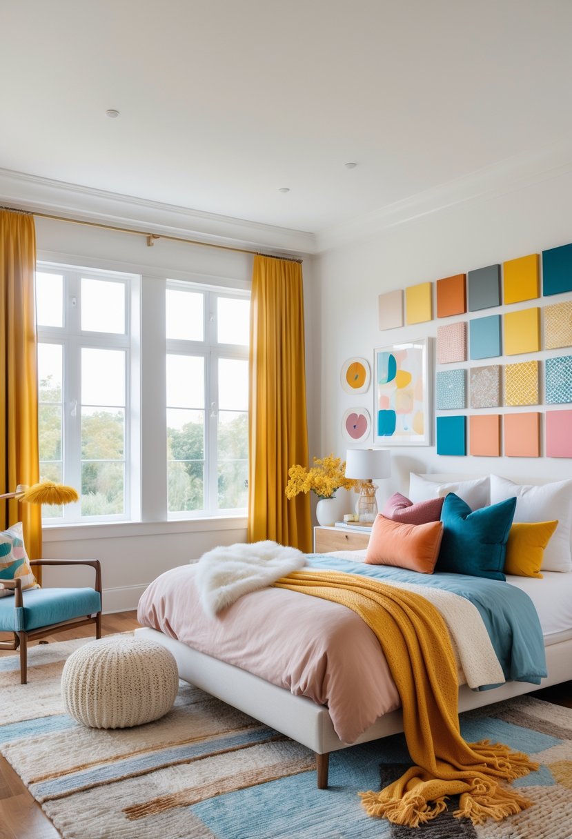 A spacious bedroom with a modern bed and various colorful pillows, blankets, curtains, and artwork displaying multiple color schemes.