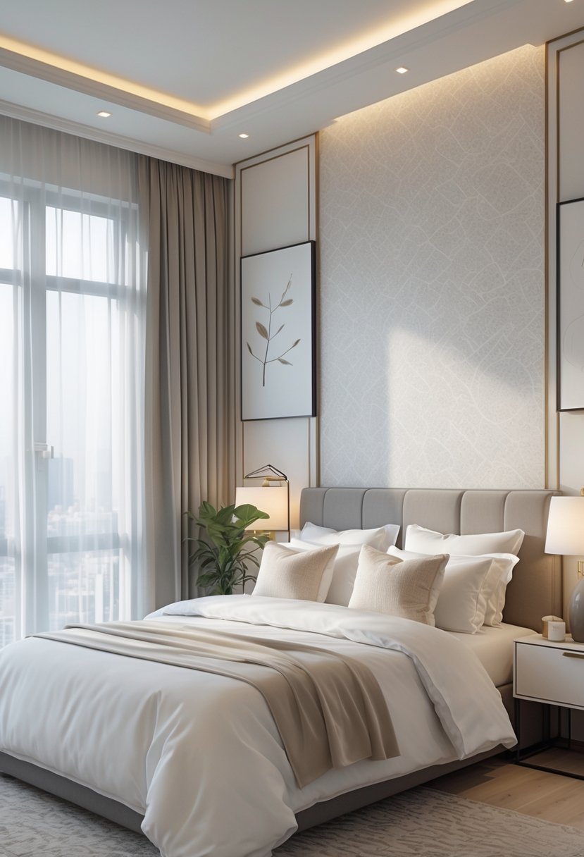 A bright bedroom with a patterned wallpaper accent wall, a neatly made bed, bedside table with lamp, and decorative plants.