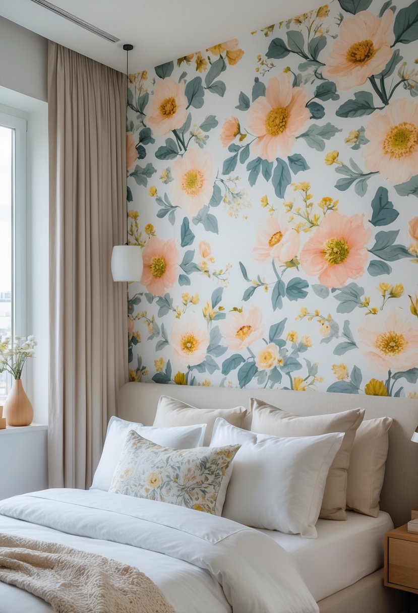 A bedroom with a bed in front of a large floral wallpaper accent wall, natural light coming through a window, and a nightstand with a lamp.