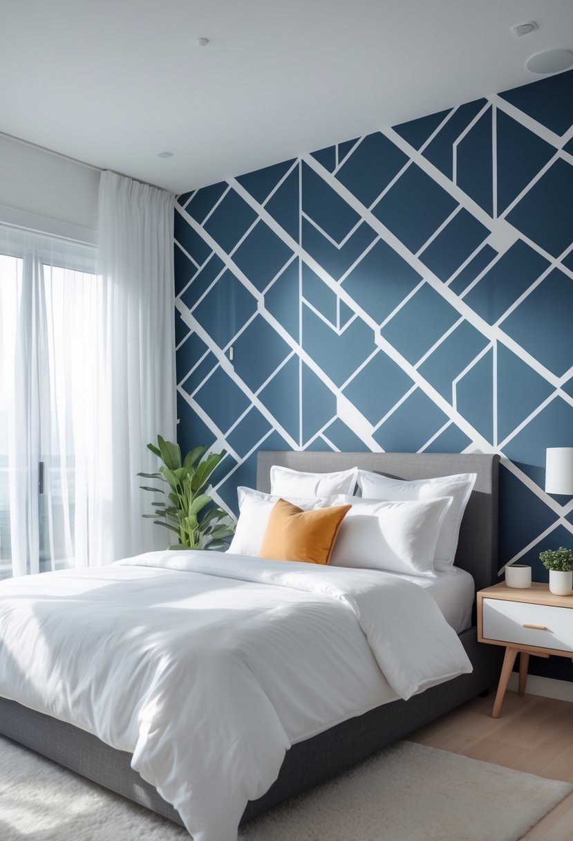 A bedroom with a bed against an accent wall covered in bold geometric patterned wallpaper, natural light coming through a window, and simple furniture around.