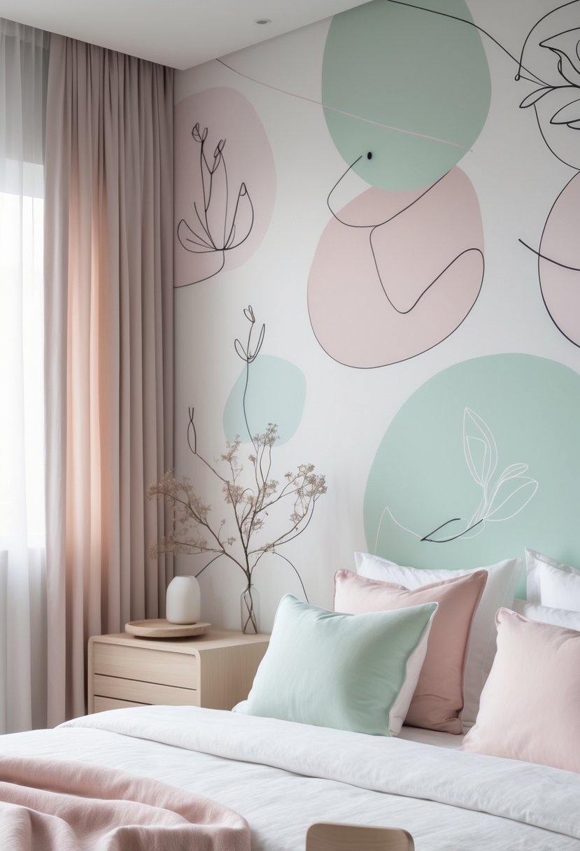 A calm bedroom with a neatly made bed, pastel-colored pillows, light wood furniture, and soft natural light coming through sheer curtains.