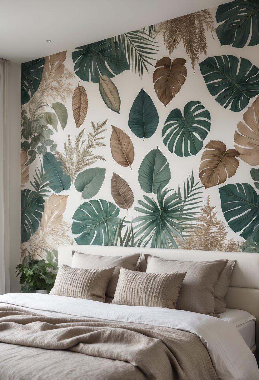 A bedroom with a bed in front of a wall covered by a large leaf pattern mural.