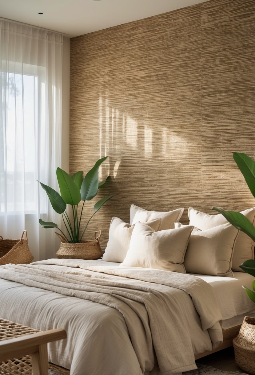 A bedroom with textured grasscloth wallpaper, a bed with neutral bedding, wooden furniture, and green plants.