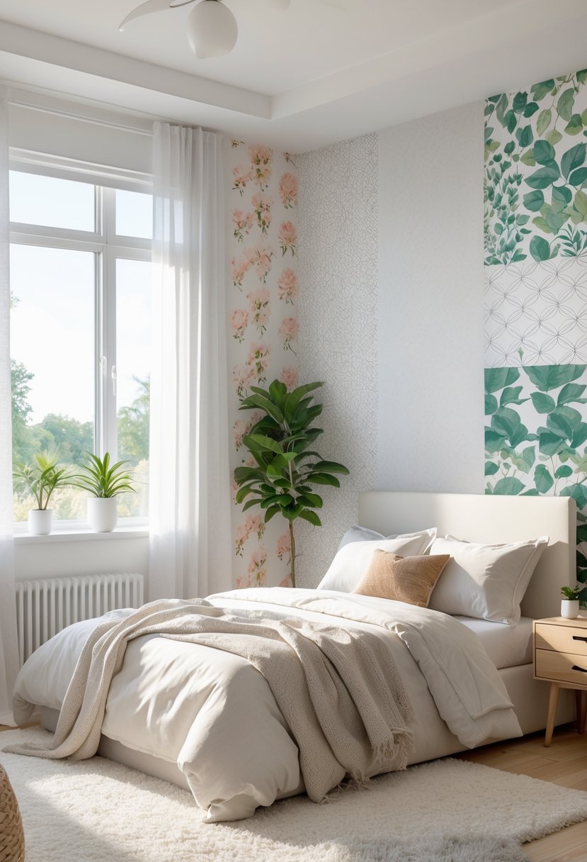 A bedroom with a bed and several walls covered in different removable wallpaper patterns, including floral and geometric designs.