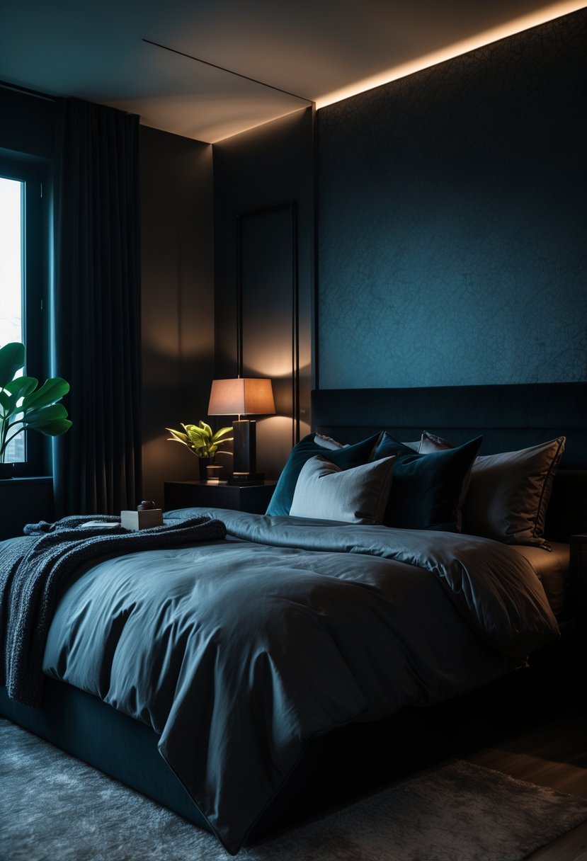 A bedroom with a large bed, dark patterned wallpaper, soft warm lighting, and minimalist furniture creating a cozy and moody atmosphere.