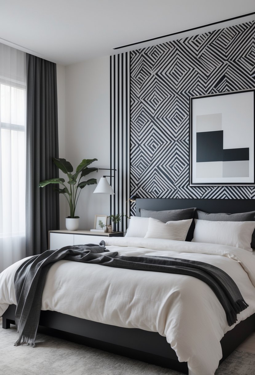 A modern bedroom with a bed against a wall covered in black and white patterned wallpaper, featuring simple furniture and soft natural lighting.