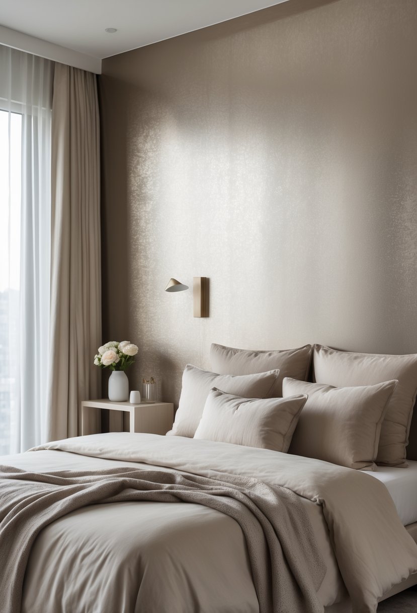 A neatly arranged bedroom with a bed, soft lighting, and subtle metallic wallpaper on the wall behind the bed.