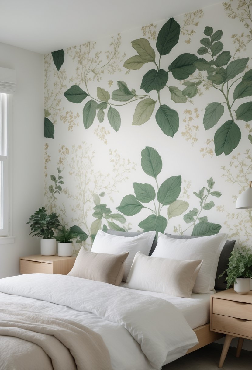 A bedroom with a single wall covered in green botanical wallpaper, a bed with white linens, and natural light coming through a window.