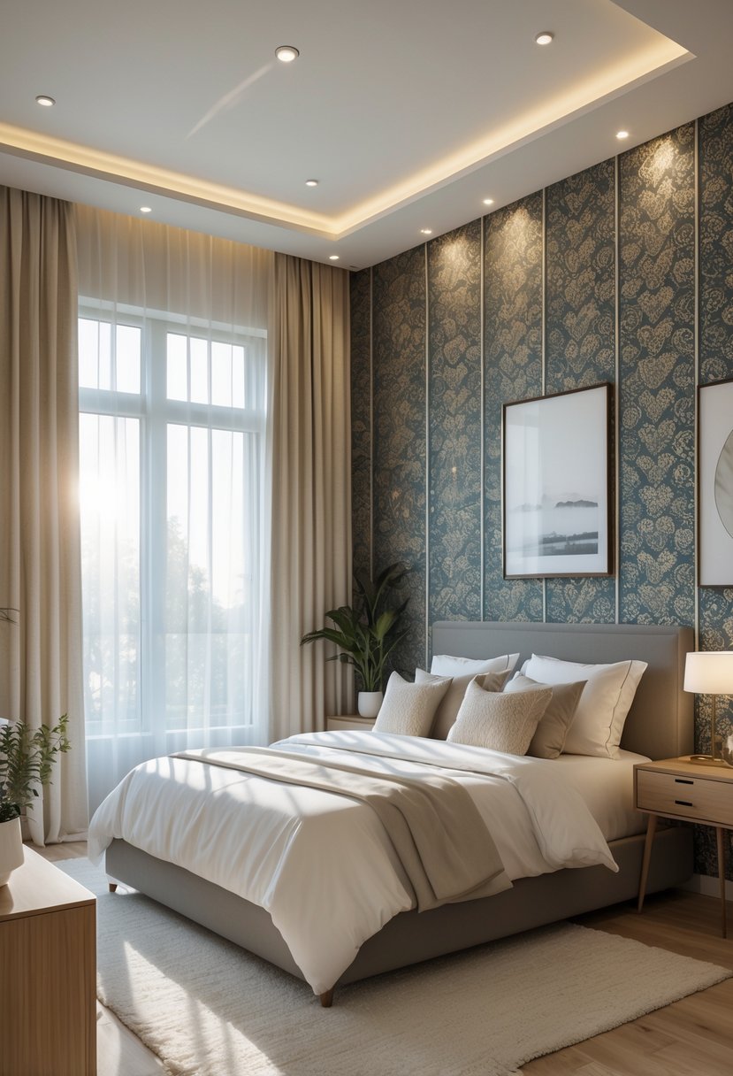 A bedroom with a bed against a patterned wallpapered wall, natural light coming through windows, and simple furniture around.