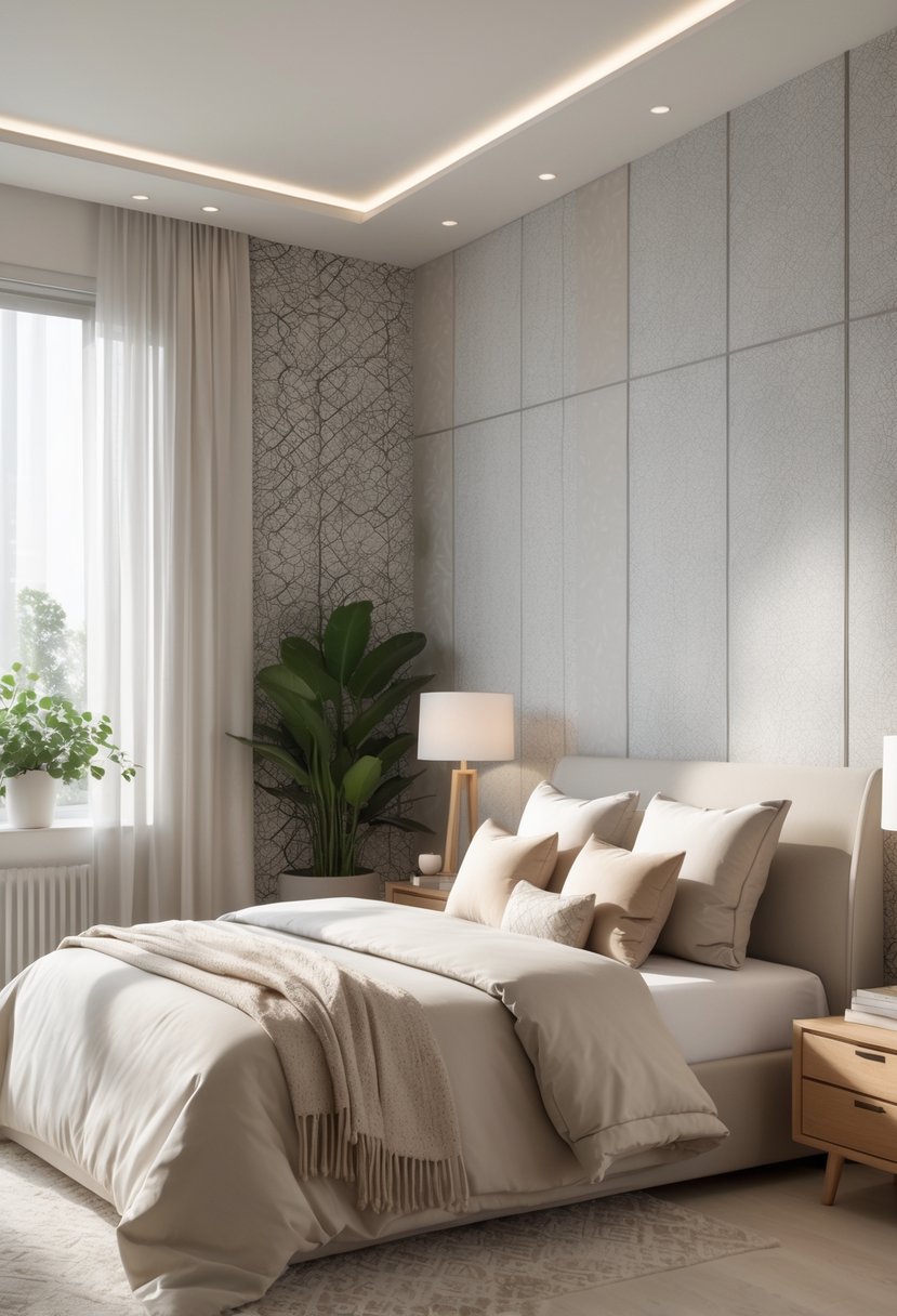 A modern bedroom with a bed and three different wallpaper designs on the walls, including geometric, floral, and textured patterns, with natural light coming through a window.