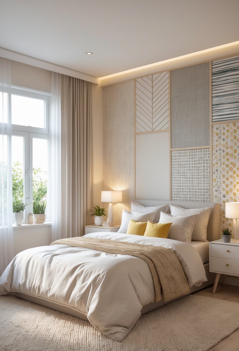 A modern bedroom with a queen-sized bed and various wallpaper designs on the walls, featuring natural light and cozy decor.