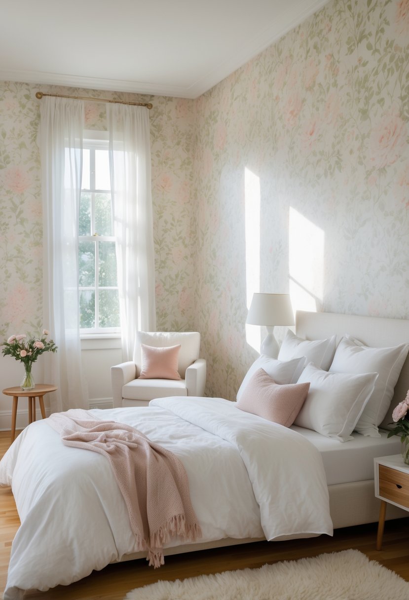 A bedroom with floral wallpaper on one wall, a neatly made bed, a cozy armchair by the window, and natural light filling the room.