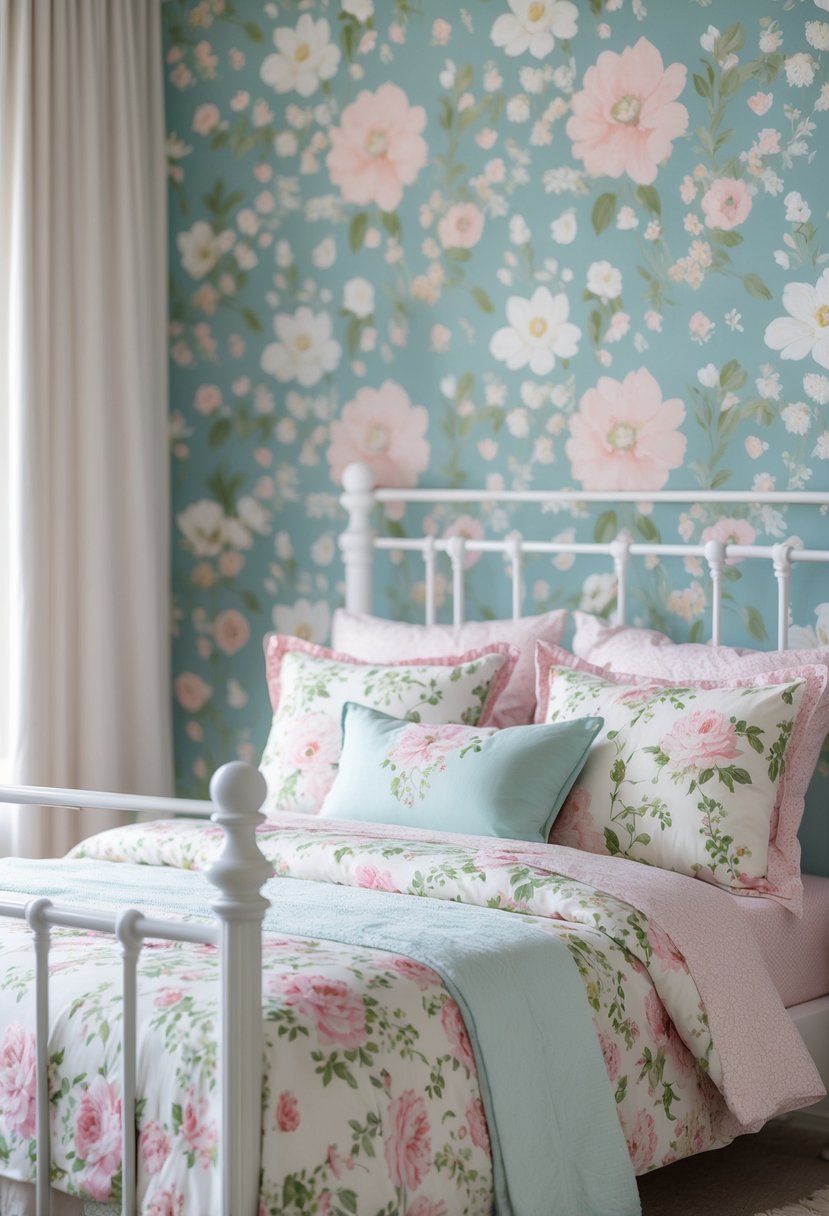 A bedroom with a white metal bed and matching floral bedding against floral wallpaper.