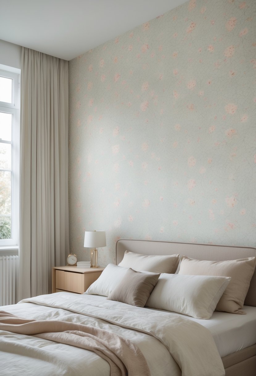 A bedroom with a bed next to an accent wall covered in small delicate floral wallpaper and natural light coming through a window.