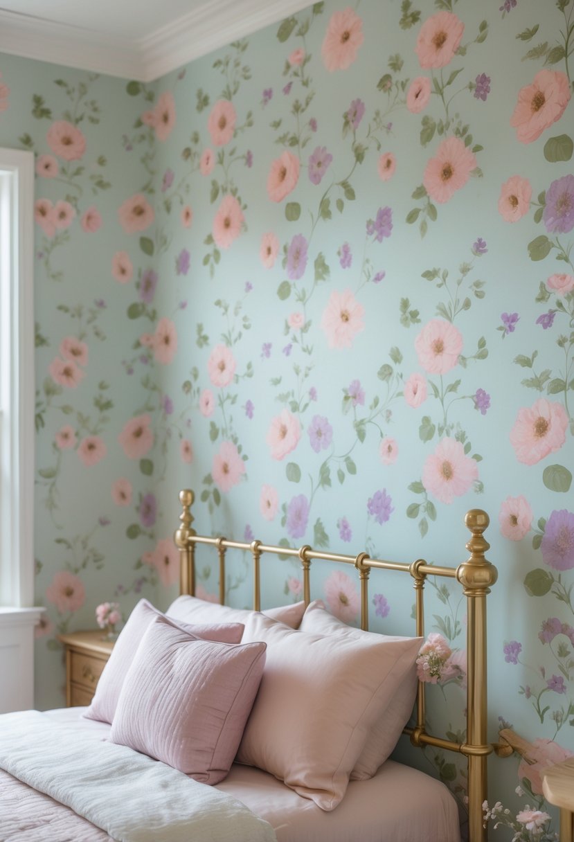 A bedroom with pastel floral wallpaper and brass bed frames, featuring a neatly made bed and soft natural light.
