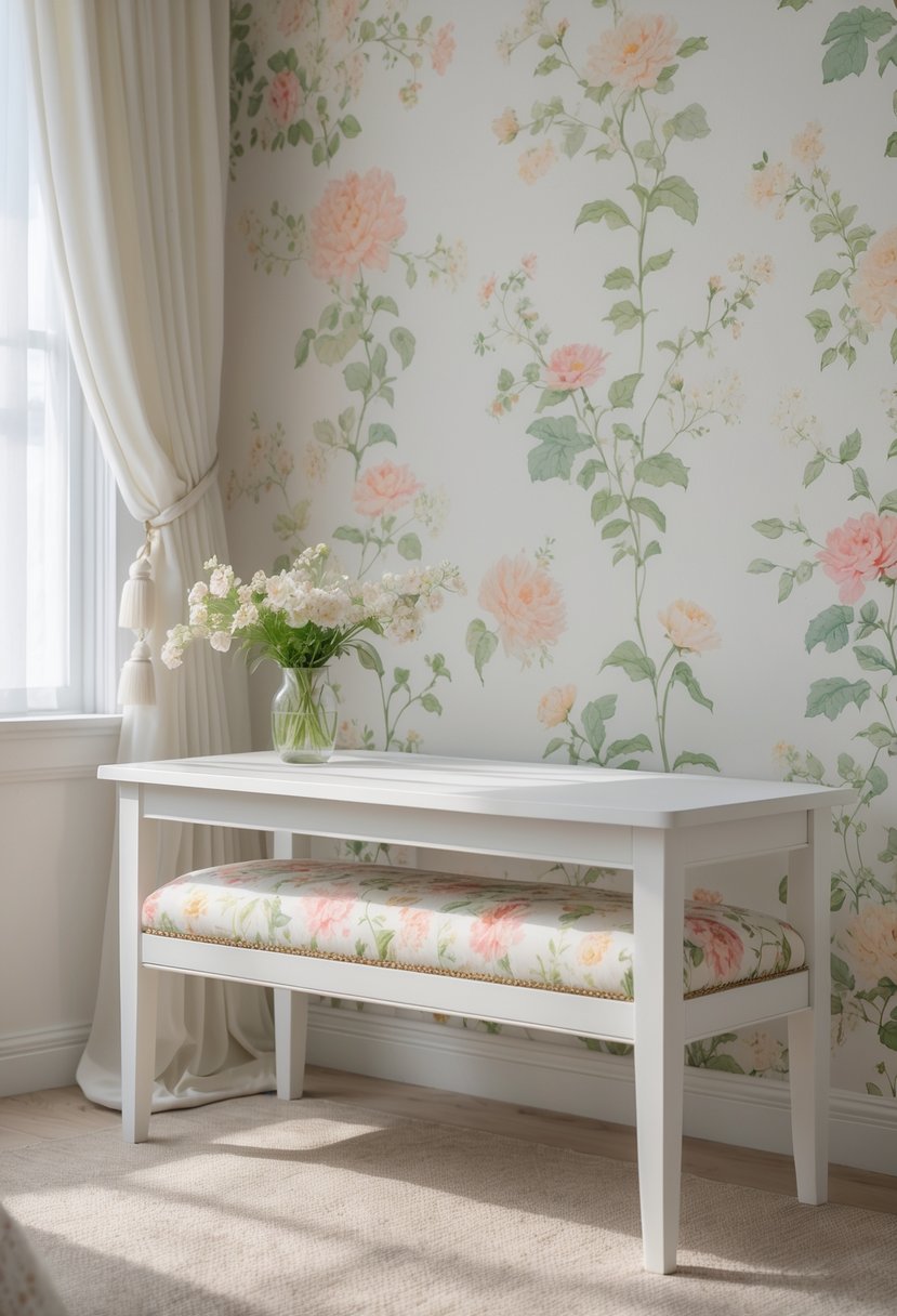 A bedroom with a white table and a floral bench in front of a floral patterned wallpapered wall.