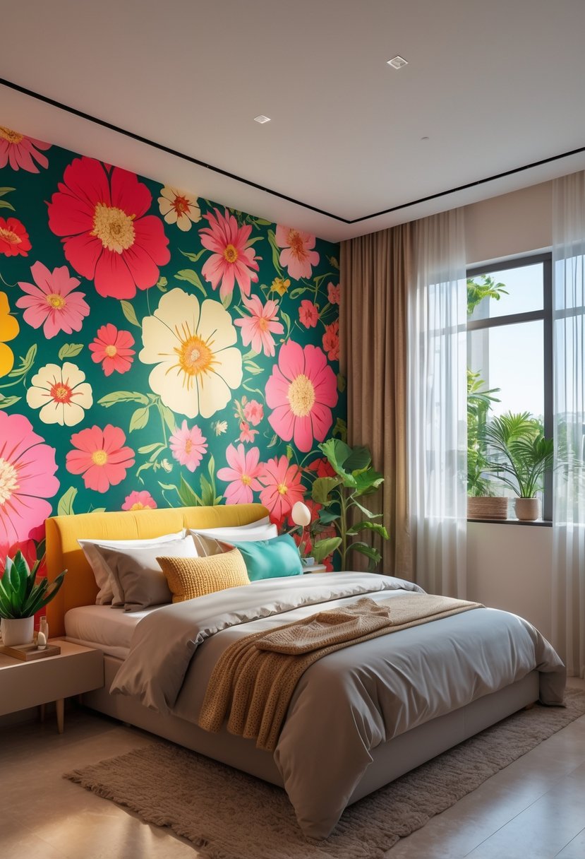 A bedroom with bold floral wallpaper defining different areas, including the bed wall and a reading nook, with natural light and neutral furniture.