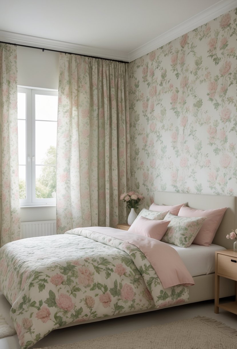 A bedroom with floral wallpaper that extends onto matching curtains, featuring a bed and a window letting in natural light.