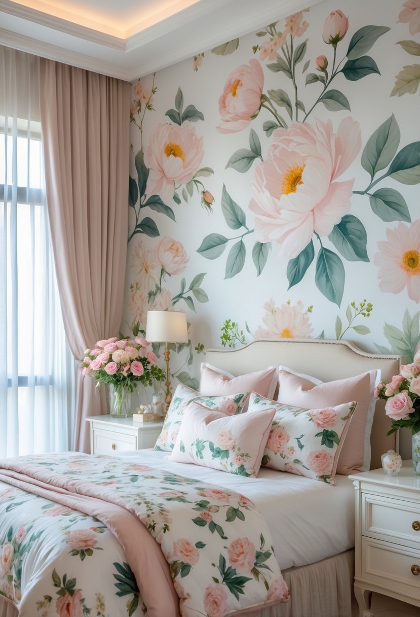 A bedroom with floral wallpaper on one wall, a bed with floral bedding, and fresh flowers arranged on bedside tables.