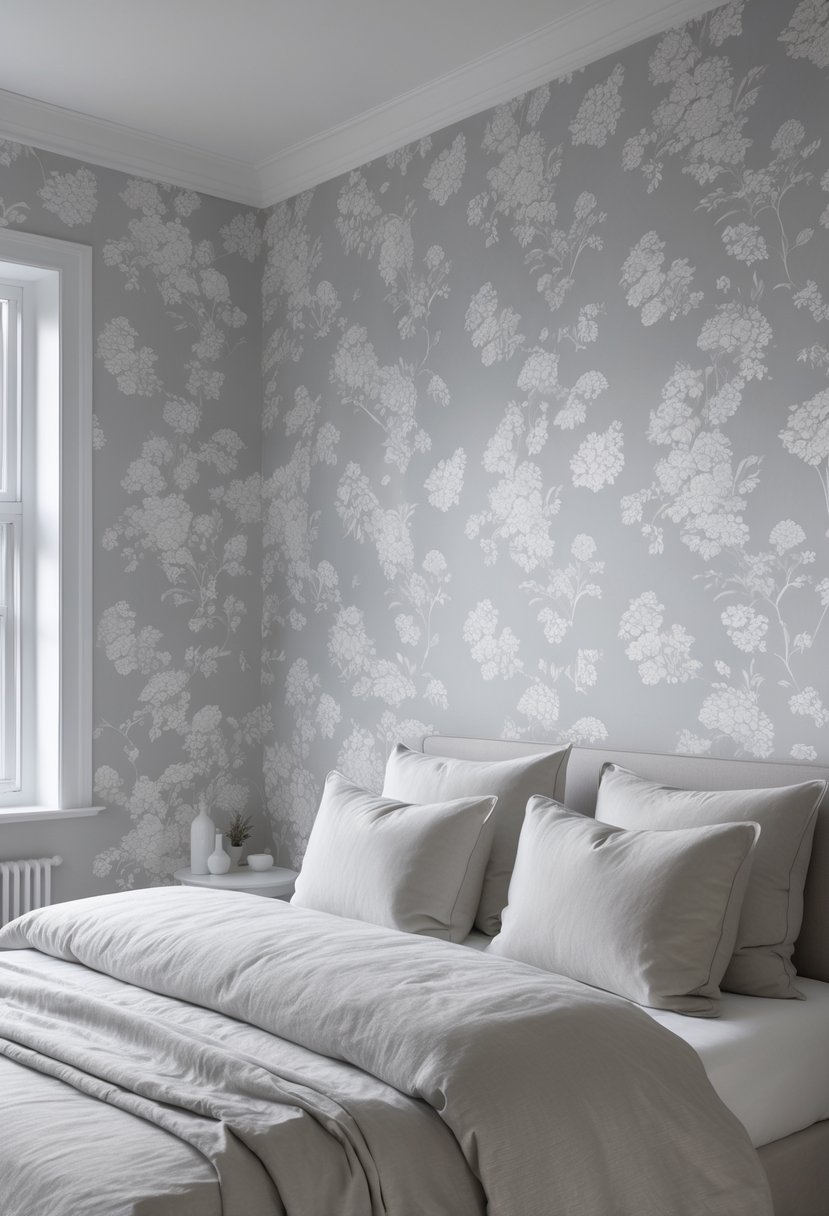 A bedroom with monochrome floral wallpaper on the wall behind a neatly made bed with neutral bedding and soft natural light.