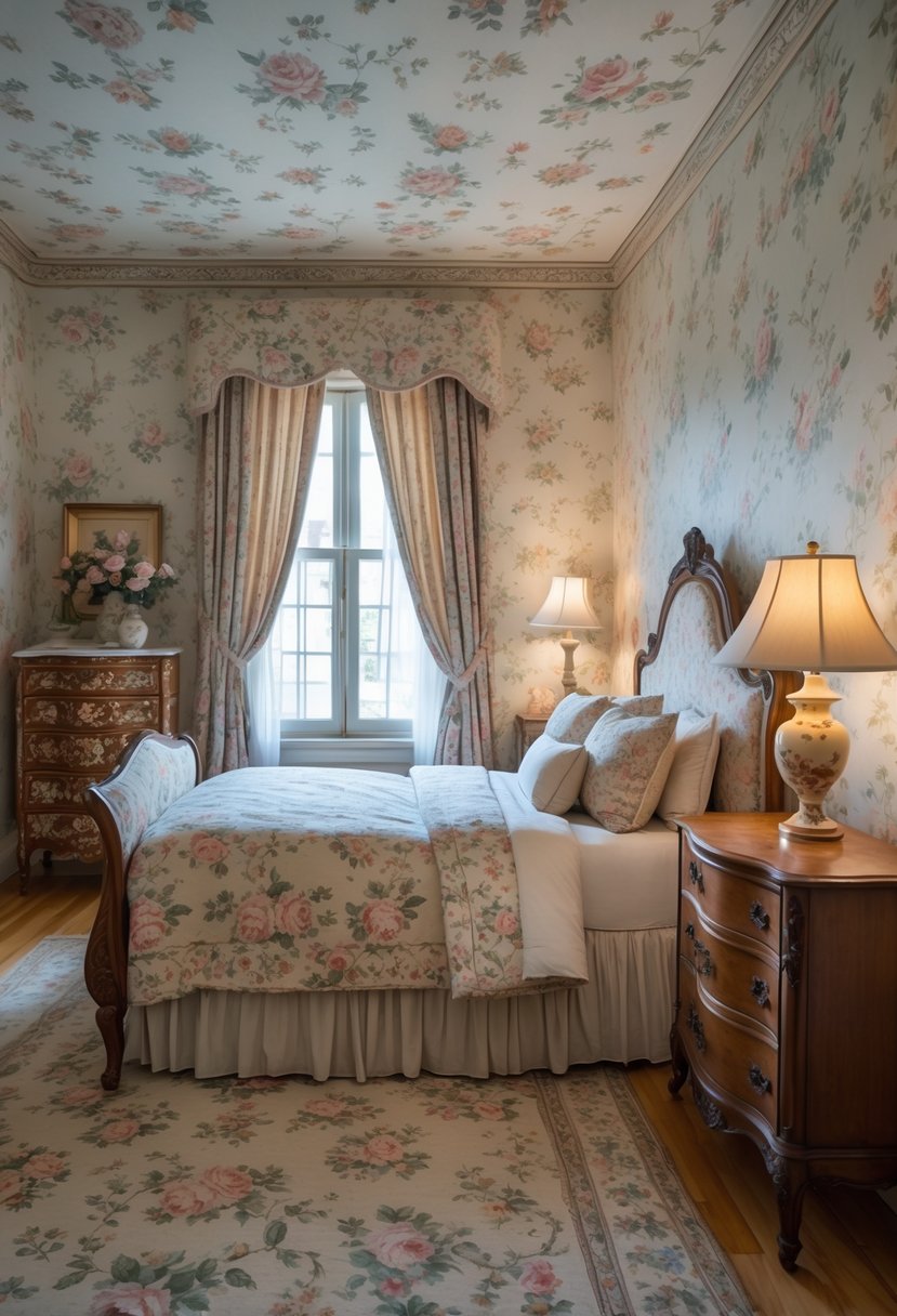 A bedroom with floral wallpaper, antique wooden bed, dresser, and bedside table, softly lit by natural light through a window.