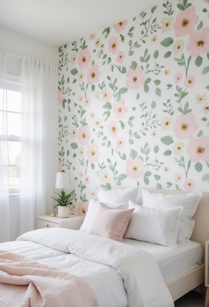 A bedroom with a floral wallpaper accent wall, a bed with white linens and pastel pillows, a nightstand with a plant and lamp, and sunlight coming through a window.