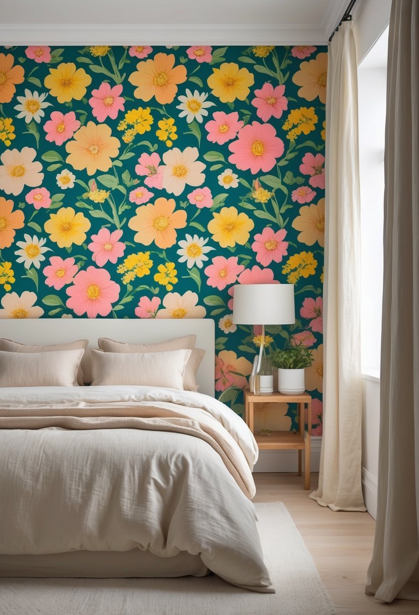A bedroom with vibrant floral wallpaper and a bed with neutral-colored linens, featuring a wooden nightstand and soft natural light.