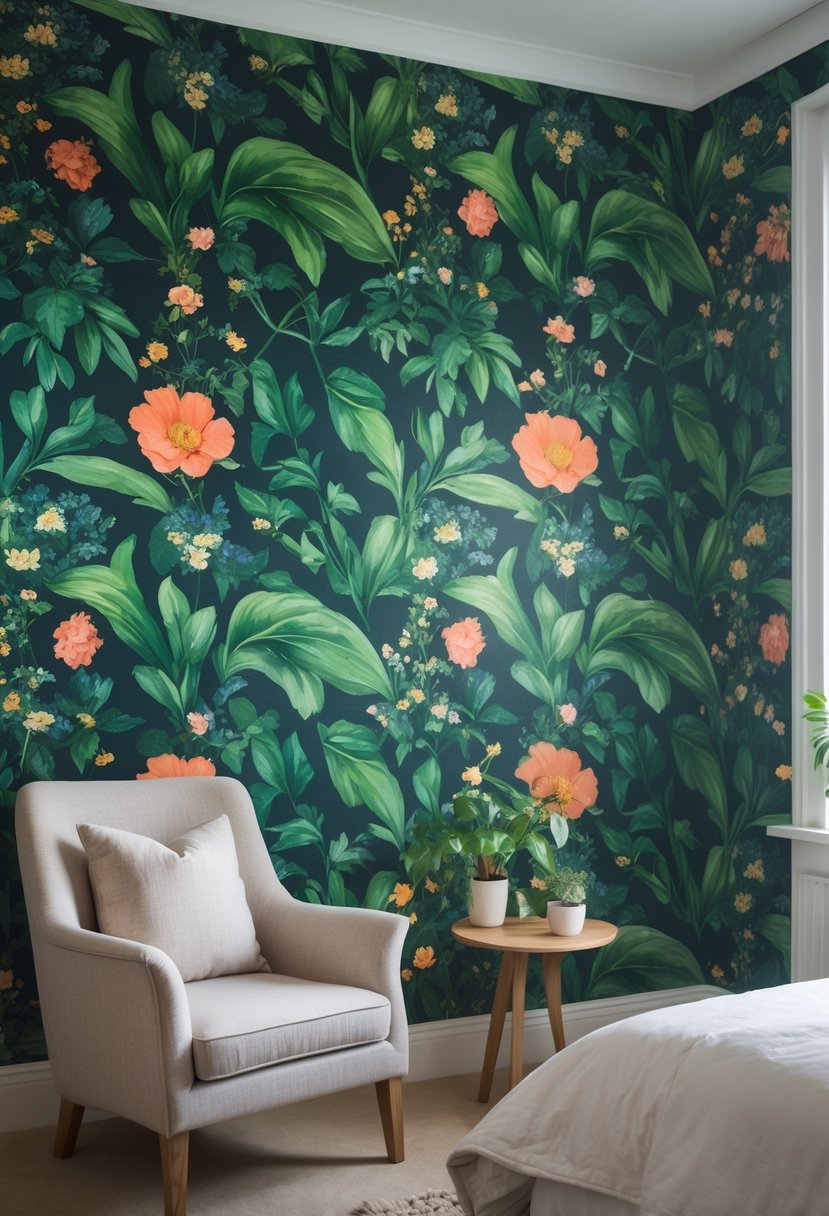 A seating area in a bedroom with floral botanical wallpaper, an armchair, a side table with a plant, and natural light.