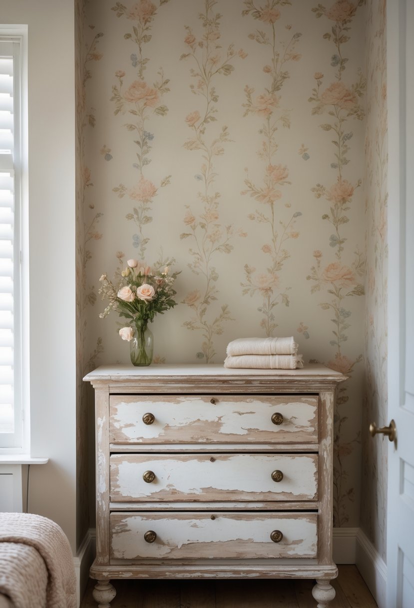 A cozy bedroom corner with a distressed wooden dresser in front of floral wallpaper.