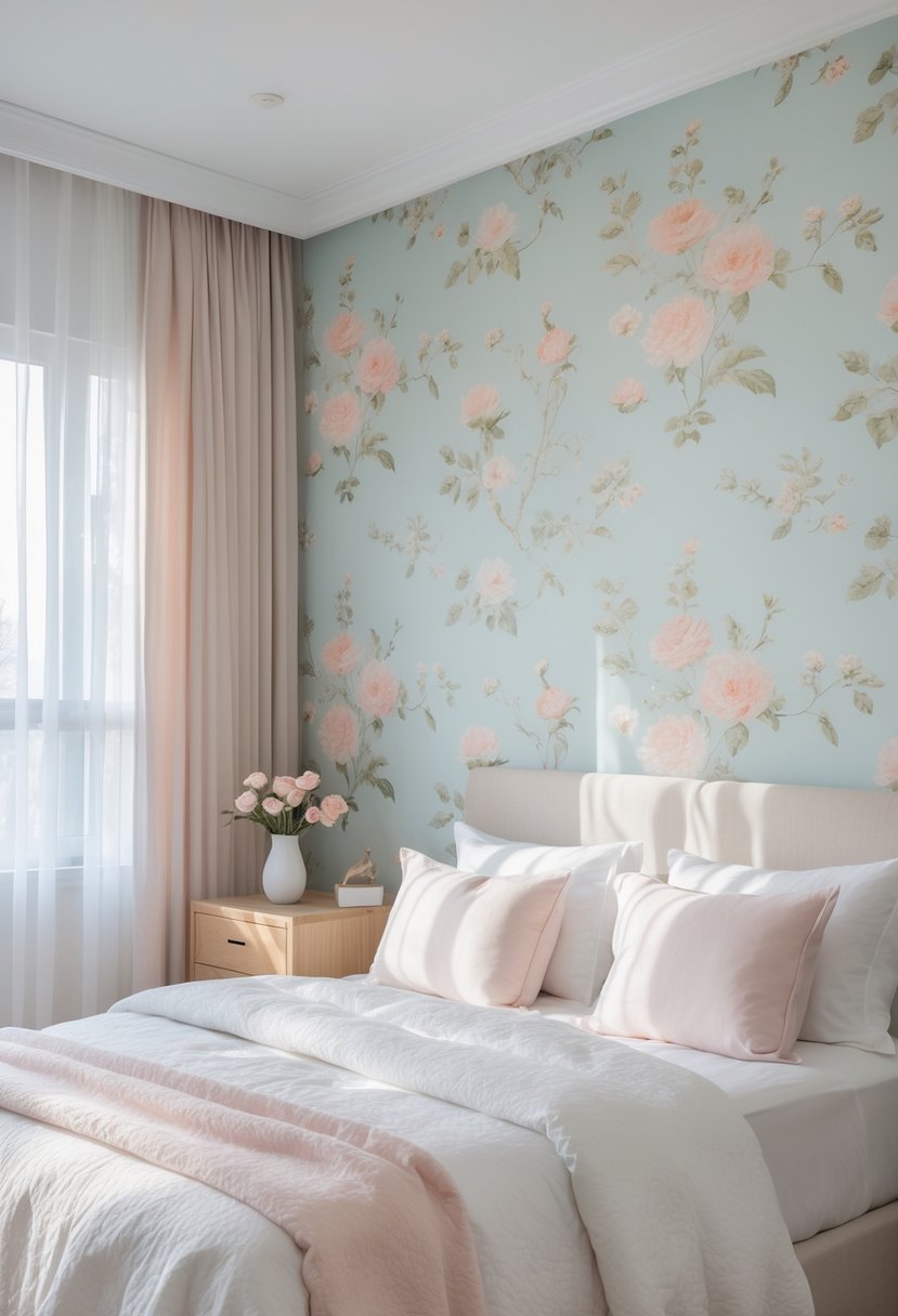 A bedroom with a floral wallpaper accent wall, a bed with light bedding, a nightstand with flowers, and sunlight coming through a window.