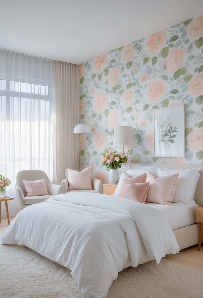 A bedroom with floral wallpaper behind a bed, natural light coming through a window, and a cozy reading nook with a chair and flowers.