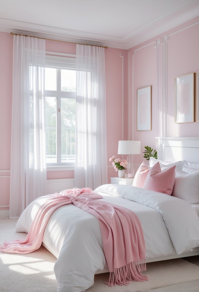 A bedroom with a large bed featuring white bedding and pink pillows, pink walls, white curtains, and a bedside table with a lamp and flowers.