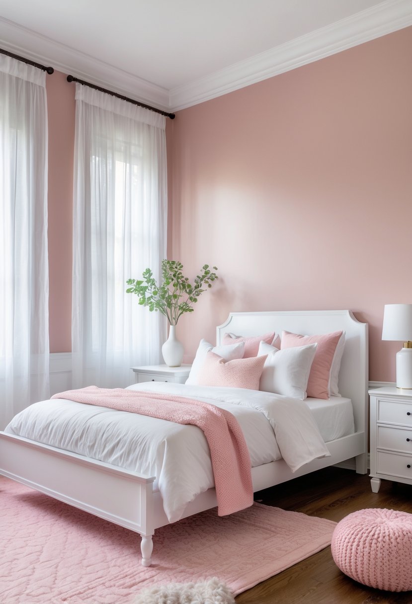A bedroom with a blush pink accent wall, white furniture, and pink and white bedding.