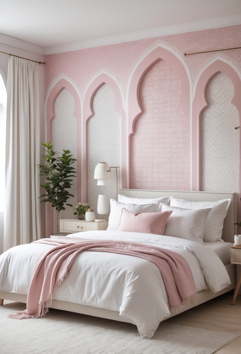 A bedroom with a soft pink and white Moroccan arch pattern wall behind the bed, featuring a cozy bed with matching linens and natural light filling the room.